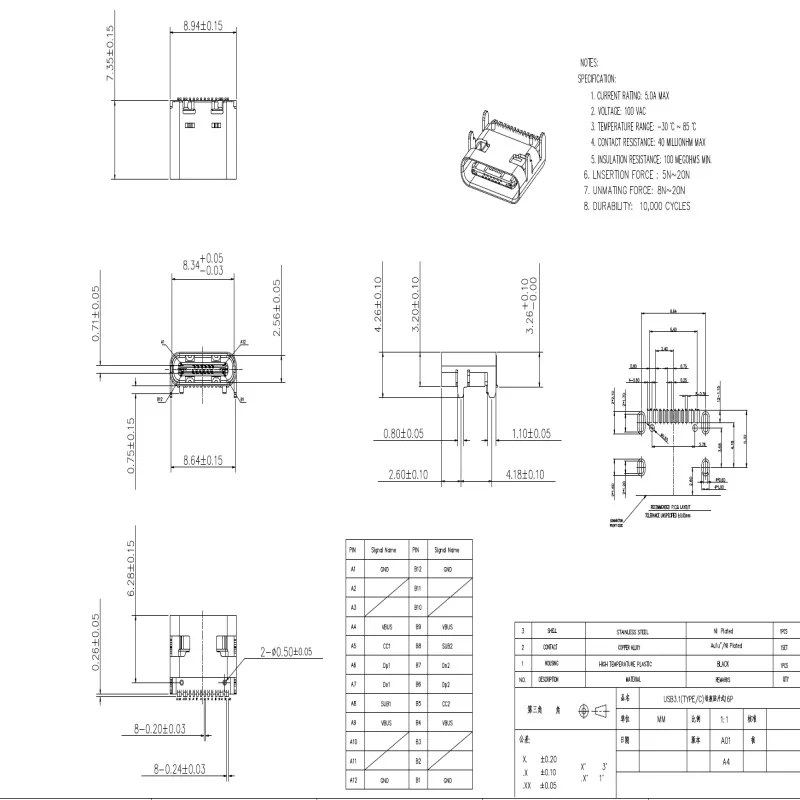 Micro USB 3.1 SMD Waterproof Style Socket Type C 16pin  Female Connector for Smartphone End Plug Charging High Current Charging