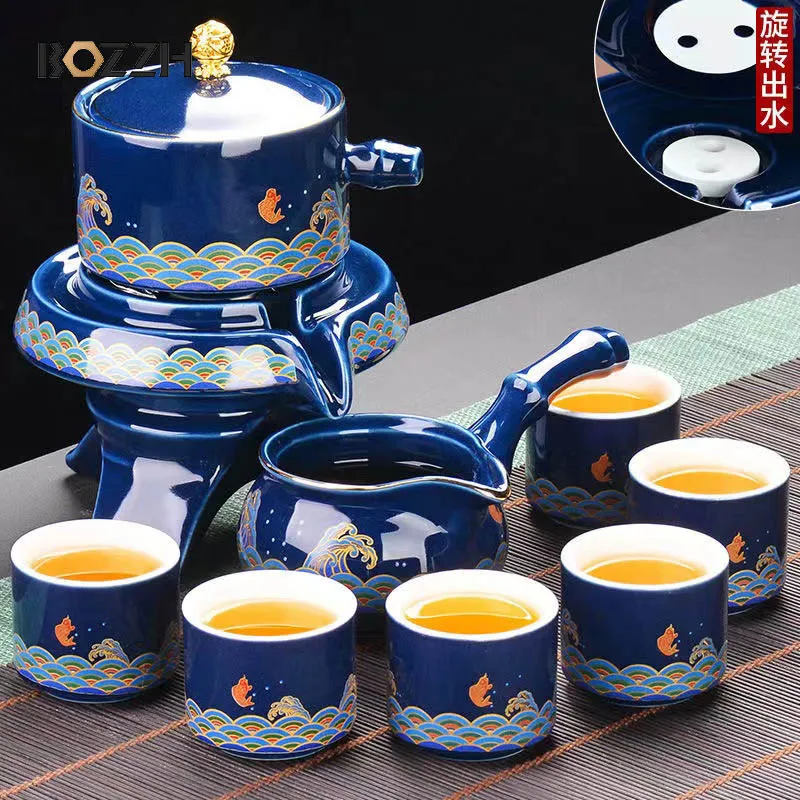 

BOZZH 8 Pcs Ceramic Travel Tea Sets Automatic Water Diversion Rotating Suction China Teapot Gaiwan Porcelain Kung Fu Teapot Set