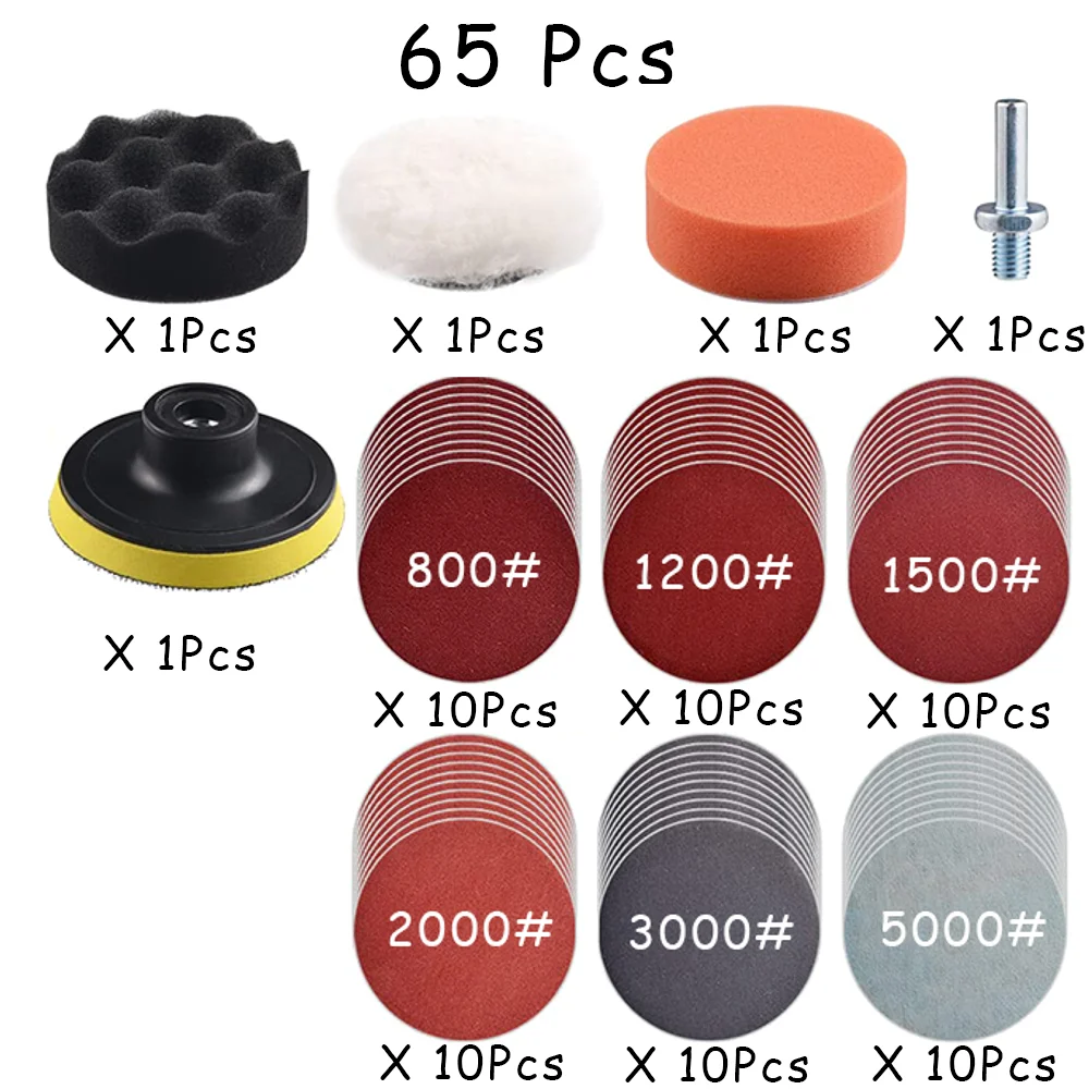 3 Inch Headlight Repair Restoration Kit 15-65 Pcs with Hook and Loop Sanding Plate Polishing Sponge for Metal Car Body Wood
