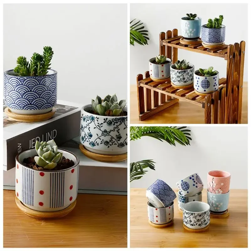 Flower Pot with Bamboo Tray Japanese Style Ceramic Lot Mini Cement Succulent   Bonsai Planter Garden Decor Office Home Plant