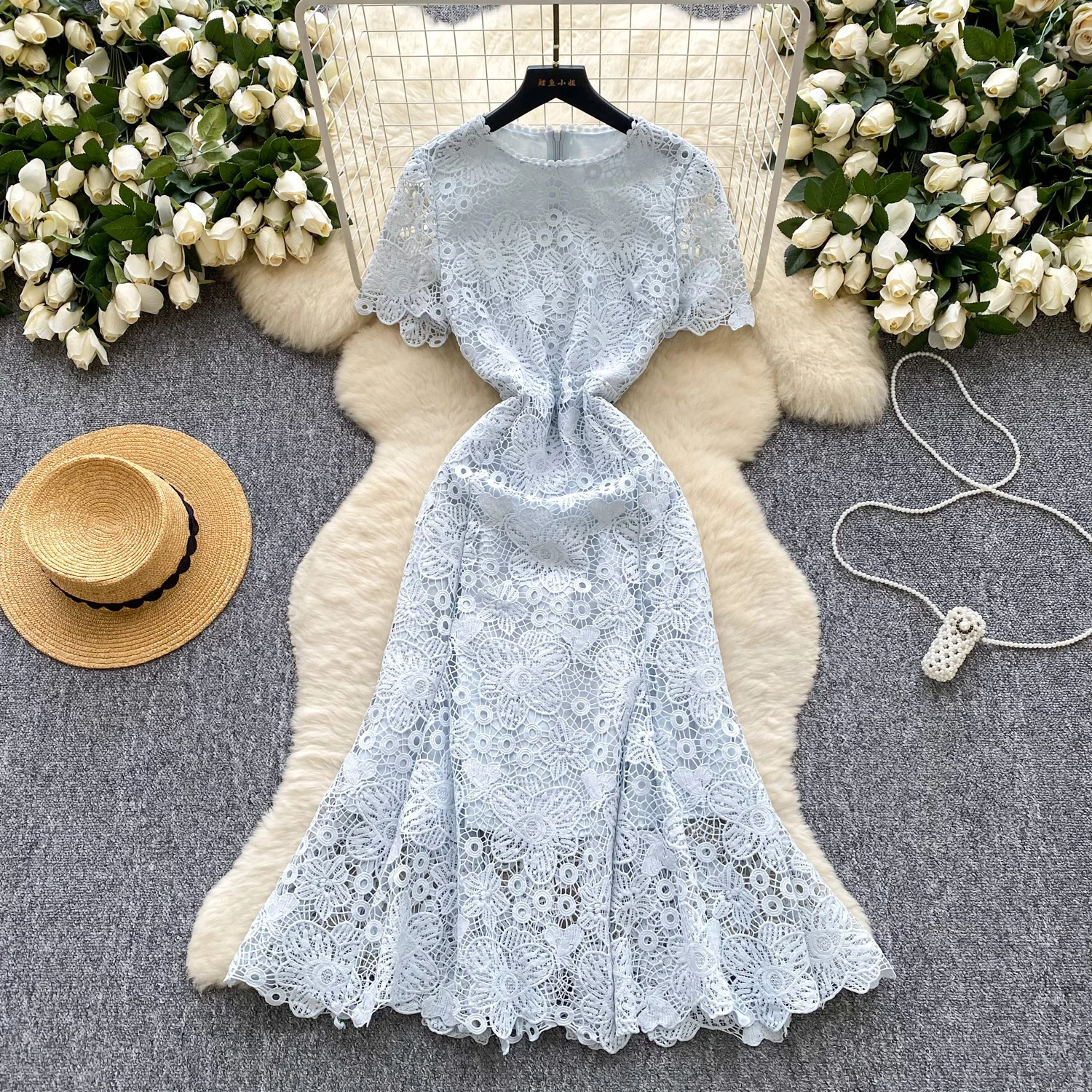 Abito a sirena a maniche corte in pizzo cavo vintage sexy sottile con gancio sottile Abiti estivi chic Abiti da donna per le vacanze