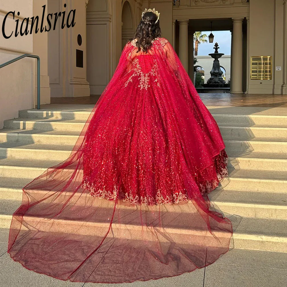 Vestido De quinceañera rojo brillante, corsé De lentejuelas con hombros descubiertos, vestido De baile hinchado 16 °, vestido De graduación, vestido De novia De 15 Años