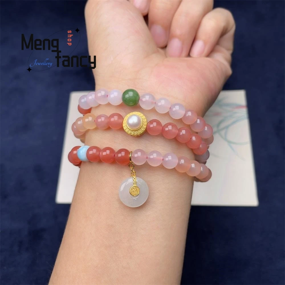 Natural Agate Gradient Colour Triple Loop Jadeite Peace Buckle Exquisite Elegant Simple High-grade Bracelet Fashion Fine Jewelry