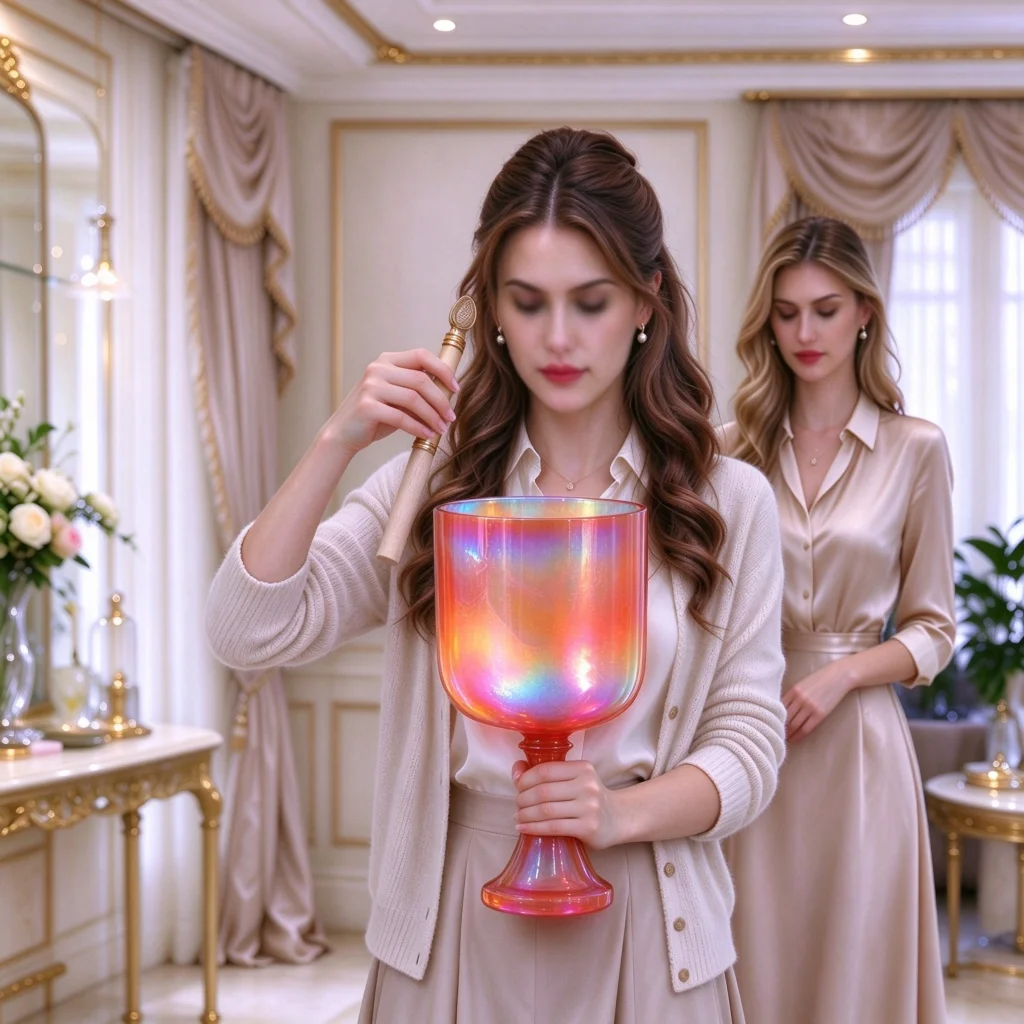 Orange Rainbow Aura Quartz Singing Chalice Grail Bowl Sound Bath Instrument High Purity with Free Hollow Felt Mallet