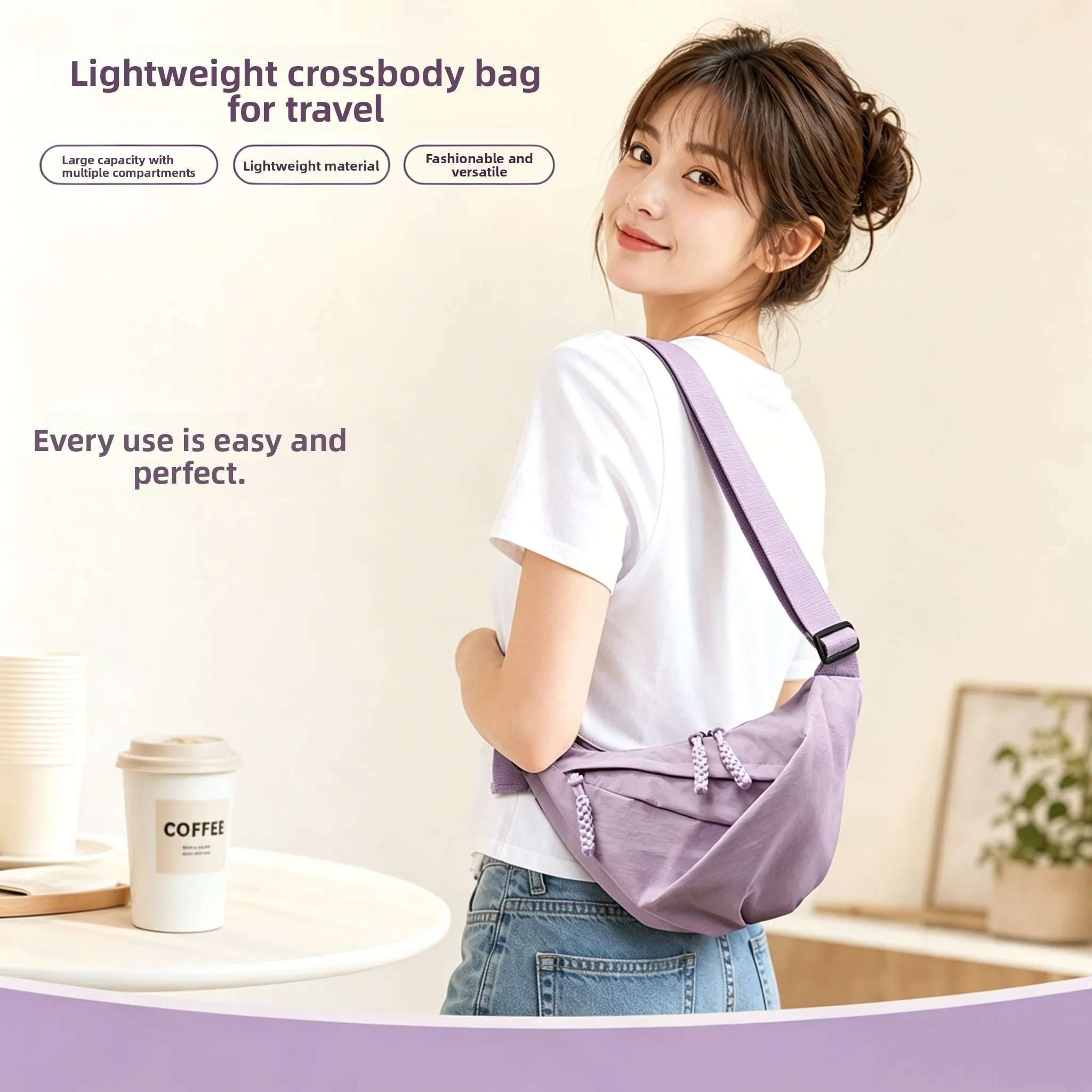 カジュアルナイロン餃子型シングルショルダーバッグ軽量クロスボディバッグ女性用通勤キャンバスサッチェル大学生スポーツバッグ