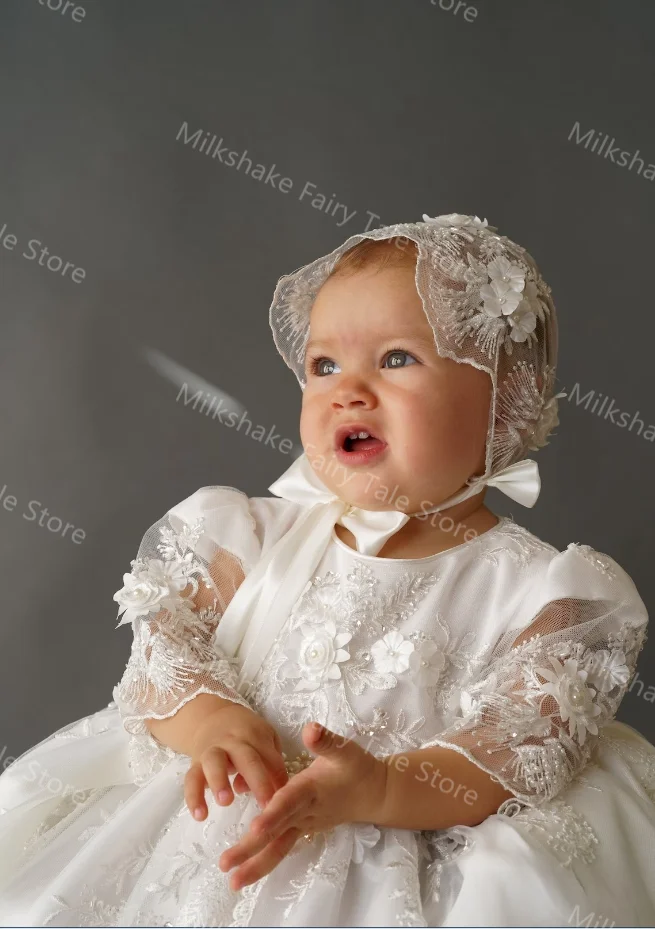 Luxury Ivory Baby Christening Gowns Customized Lace Beads Tiered Girls Baptism Newborn Kids Birthday First Communion Dresses