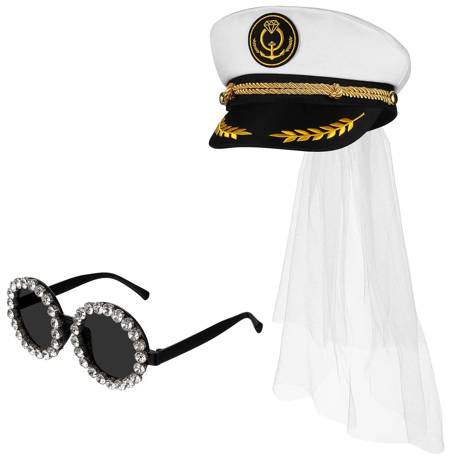 

Party Hat Glasses Set Women Sailor Costume Adjustable Oxford Cloth Captain Hats Veil Embroidery Glitter Glasses Bachelor Sailing