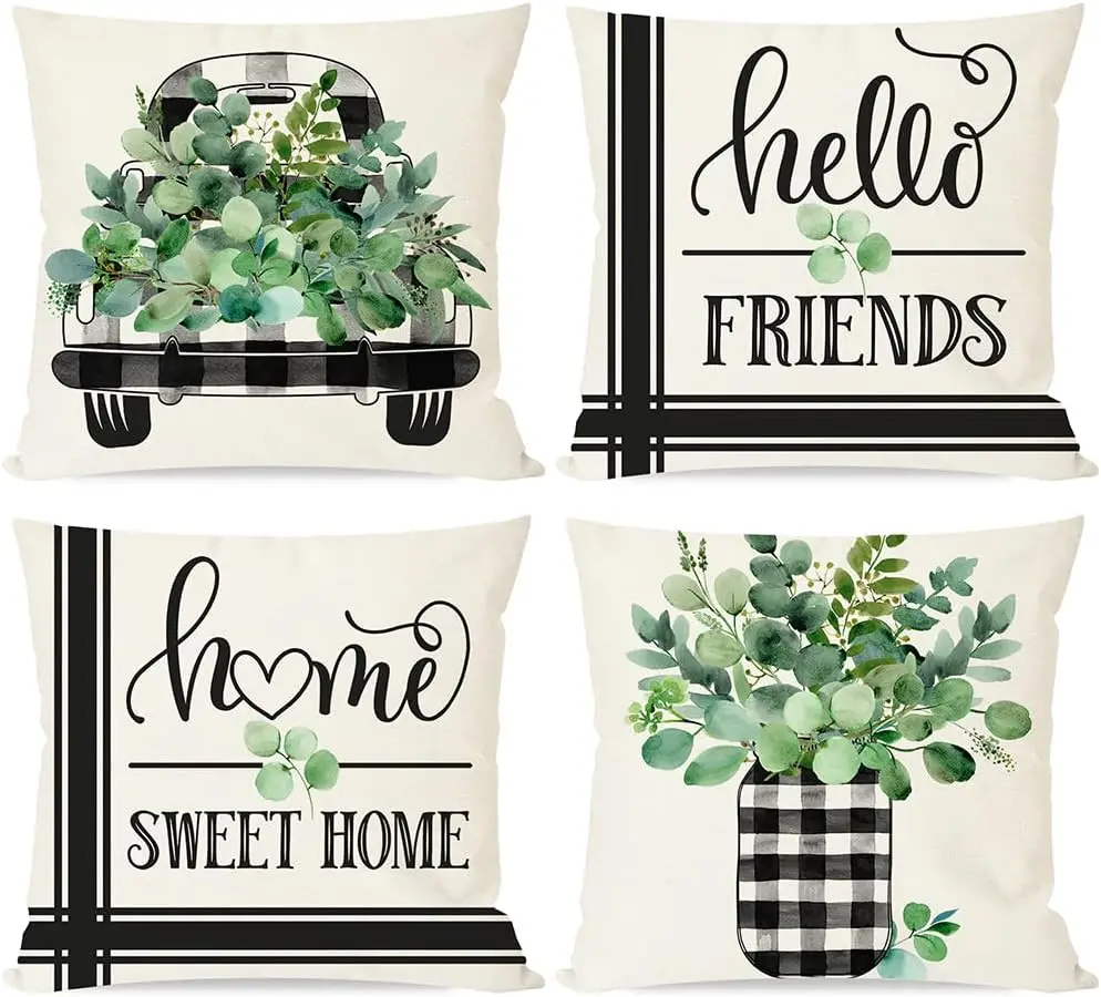 

Pillow Covers Set of 4 Green Eucalyptus Leaves Black Buffalo Plaid Cushion Cases Modern Farmhouse for Home Sofa Couch Decor