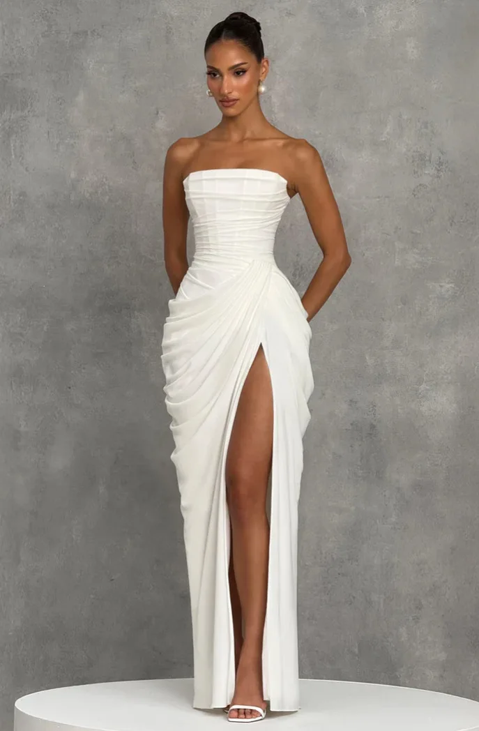 Mingmingxi Spring Summer Yellow Strapless Maxi Dress Ruched High Slit Evening Gown Bodycon Wedding Guest Party Dress Women