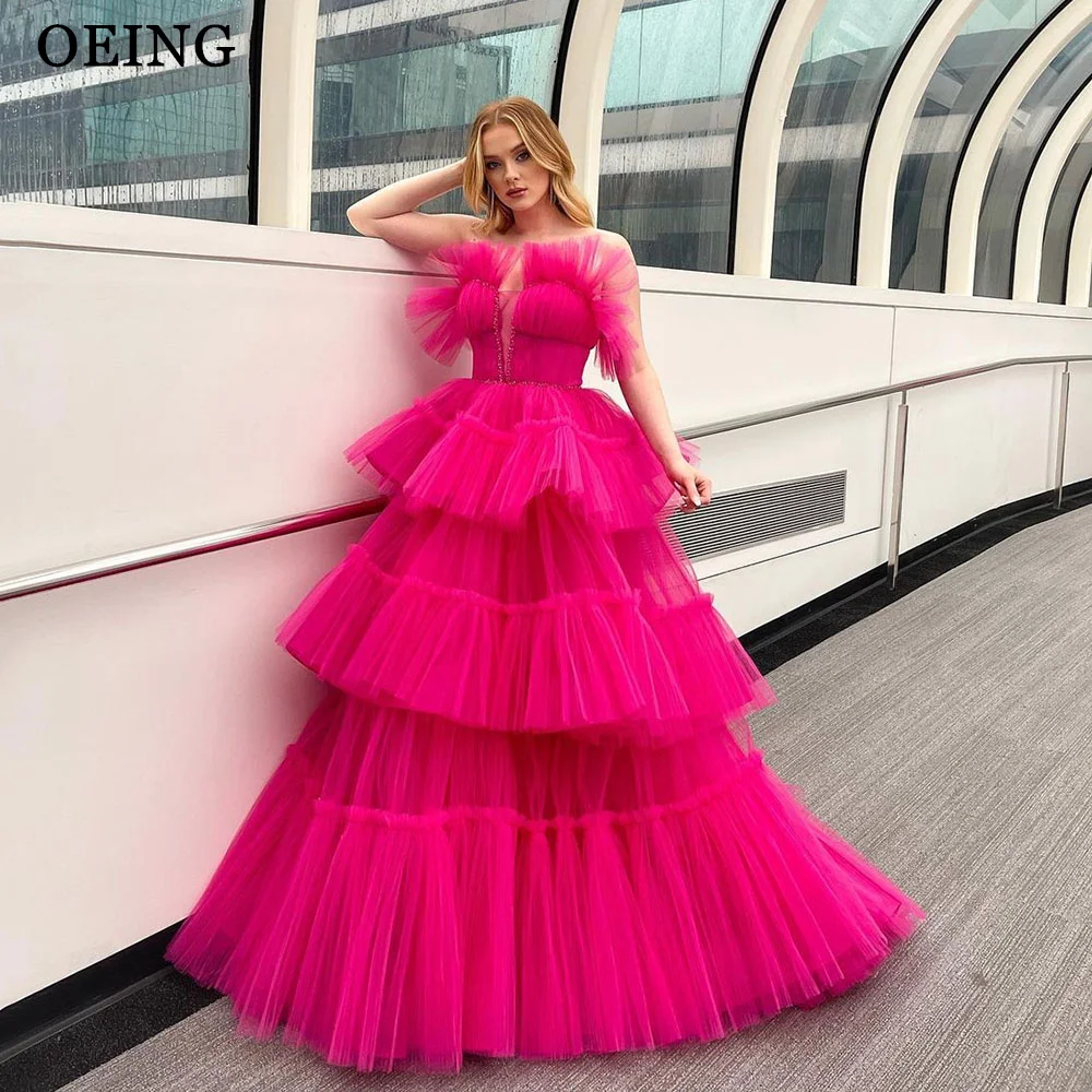 

OEING Princess Hot Pink Tulle Prom Dresses Elegant Strapless Tiered Gala Ruffles Wedding Party Evening Gowns Formal Dress