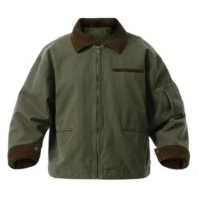 

100% Cotton Military Jackets Men Vintage Washed Corduroy Turndown Collar Casual Jacket Wear Resistant Multiple Pocket Coat Green