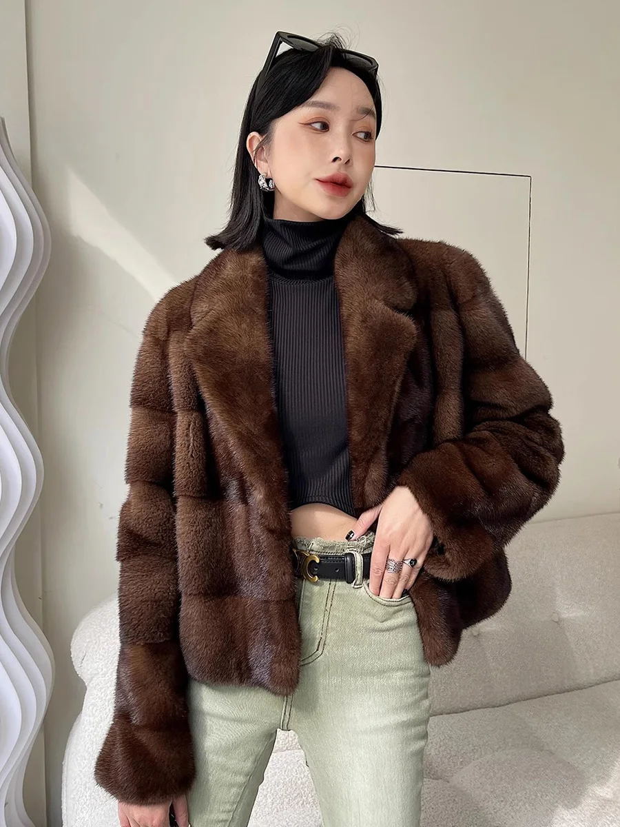 HDHOHR 2025 신상 100% 리얼 밍크 퍼 코트 여성 패션 필수템 천연 밍크 코트 따뜻한 숏 가죽 아우터 겨울 퍼 재킷