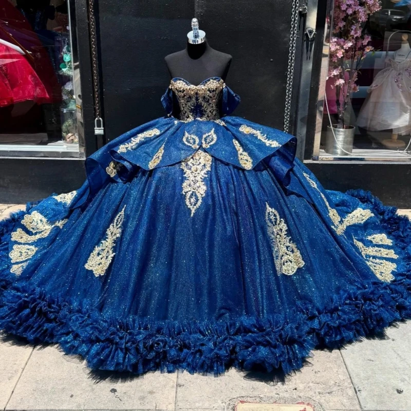 

Royal Blue Shiny Quinceanera Dresses Ball Gown Off The Shoulder Gold Beading Crystal Bow Tiered Tull Party Birthday Sweet 16