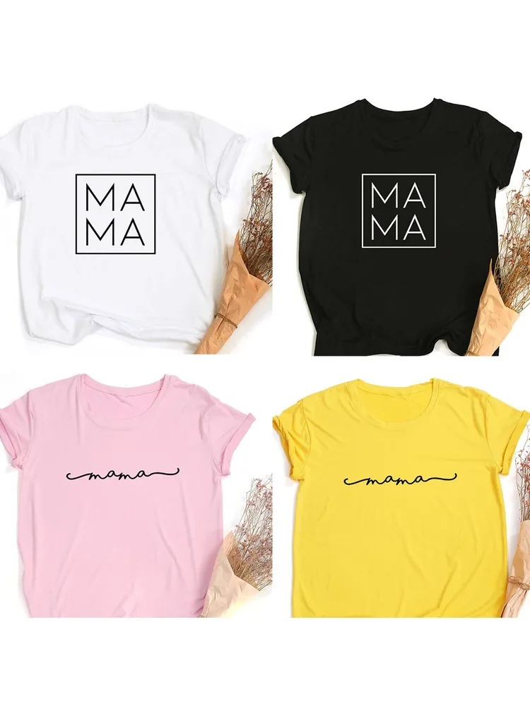 Women Tshirt Mama Square Print Casual Mom Life Mother's Day Harajuku Shirt Aesthetic Korean Female Clothing Vintage Tops Hipster