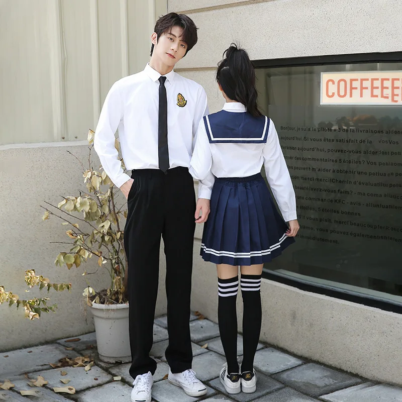 Uniforme de estudantes do ensino médio, camisa de manga comprida, colarinho marinho, terno de graduação para escolas primárias e secundárias, C032