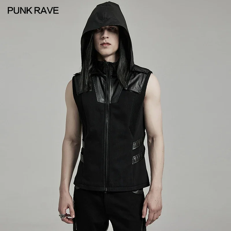 PUNK RAVE Men's Punk Sweatshirt Tech Wear Personality Vest Handsome Casual Tops Decorated with Leather Loops on Both Waist Sides