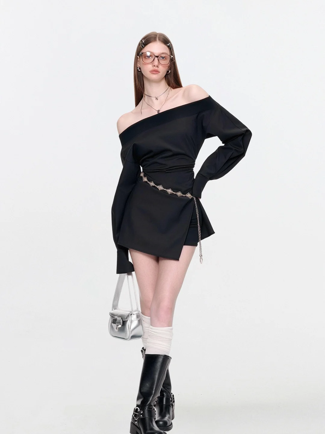 

Женская рубашка с длинным рукавом в стиле панк Millennium AHMI, с открытыми плечами, весна-осень, крутой бунтарский деконструированный дизайн