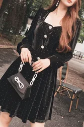 Dabuwawa Velvet Black Dress Sweetheart Neck Vintage Autumn 2023 Women Luxury Dot Diamonds Empire Pleated Skirt DM1CDR011