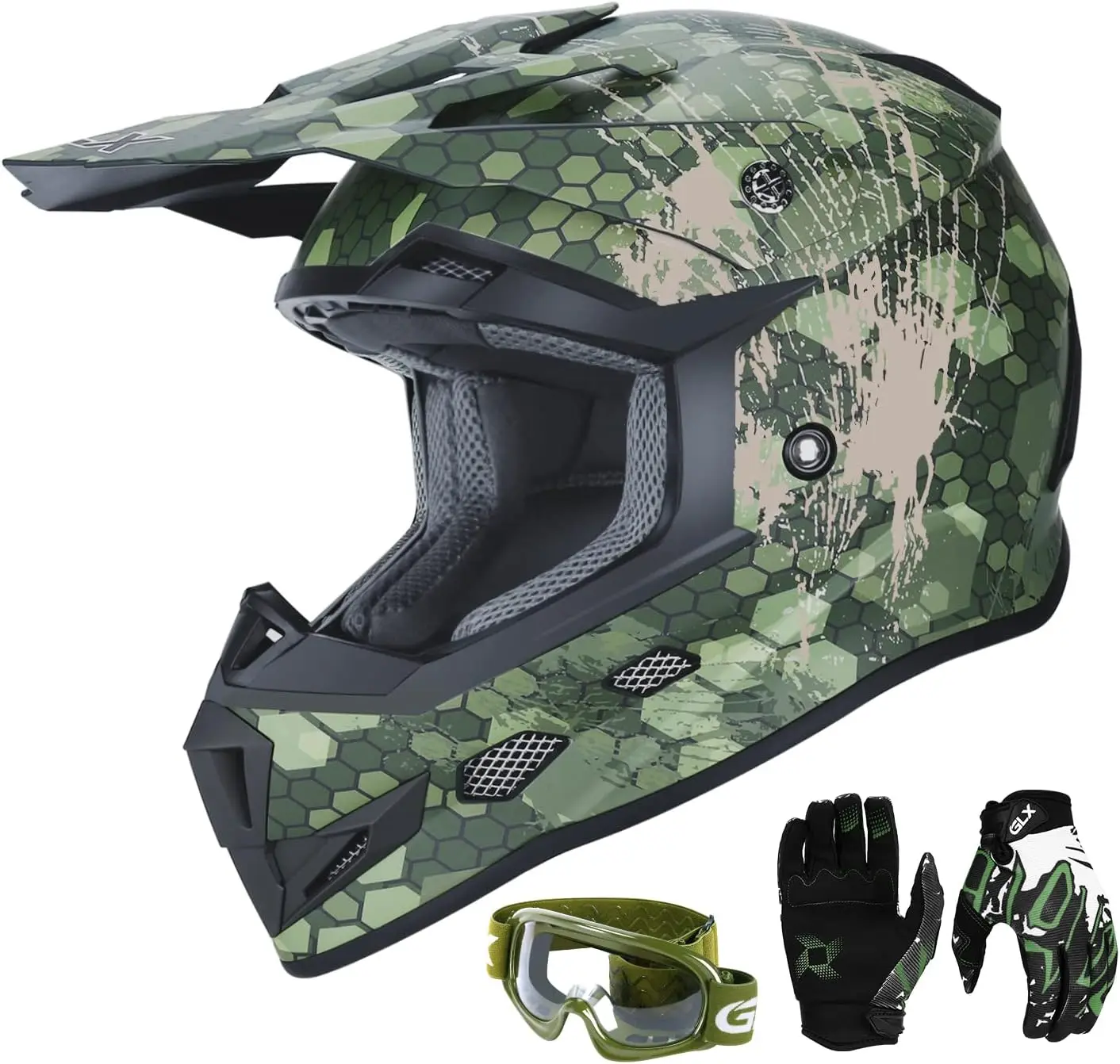 GX623 DOT Kids Youth ATV Off-Road Dirt Bike Motocross Motorcycle Full Face Helmet Combo Gloves Goggles for Boys & Girls (Camoufl