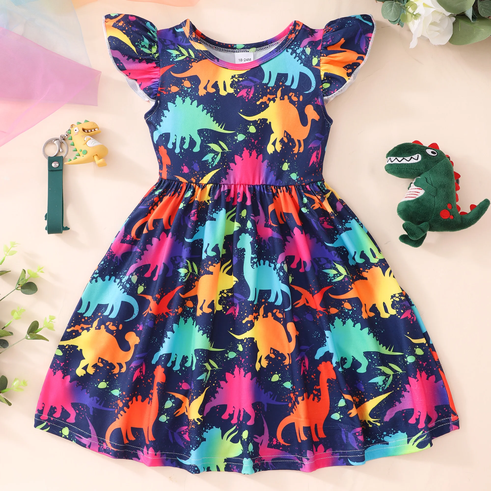 New Girls Dress Flying Sleeve Dress Baby Girls Kids Party Tutu Dinosaur Ruffle Rainbow Dresses Cotton Newborn Costume for 2-9Y