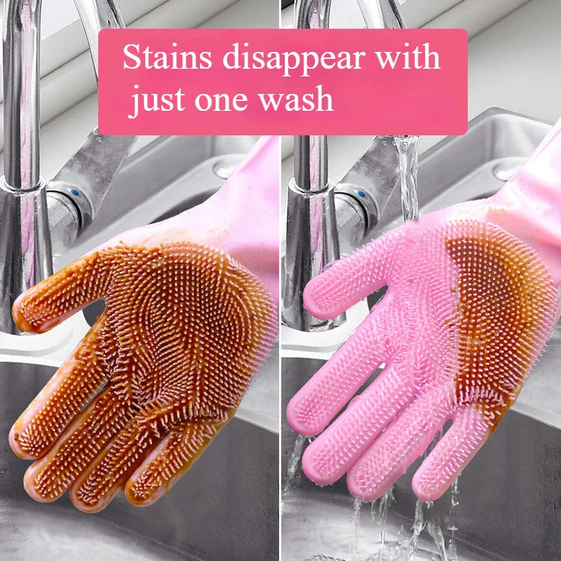 Dishwashing Cleaning Gloves Magic Silicone Rubber Dish Washing Gloves for Household Sponge Scrubber Kitchen Cleaning Tools