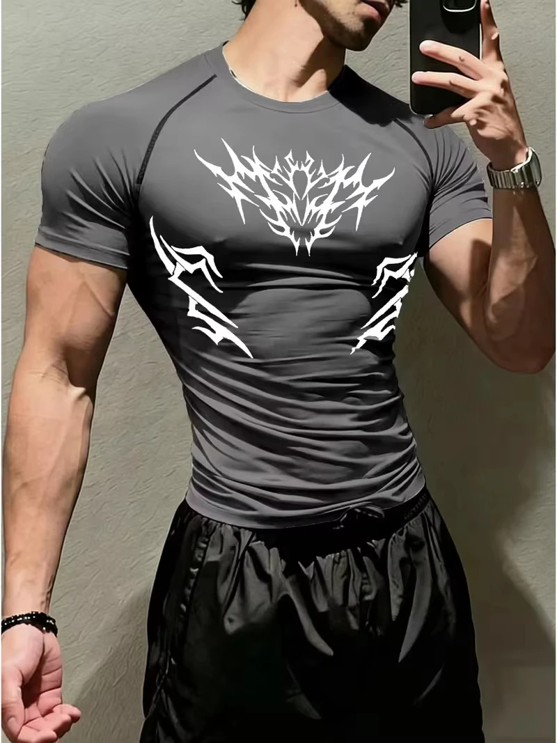 Men's Bodybuilding Sports Tight T-shirt Summer Compression O-Neck T Shirt Gym Fitness Quick Dry Running Trainning Shirts