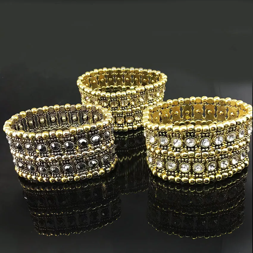 Fashion Luxury Elastic Bracelets for Women Antique Golden   Inlaid Rhinestone  Wide Hand Decoration