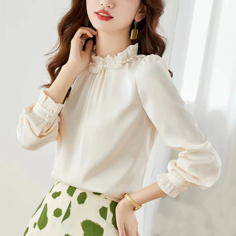 

Women Chiffon Shirts Beaded Floral Collar Fashion Women Blouse 2025 Elegant Long Flare Sleeve Casual Tops Femme