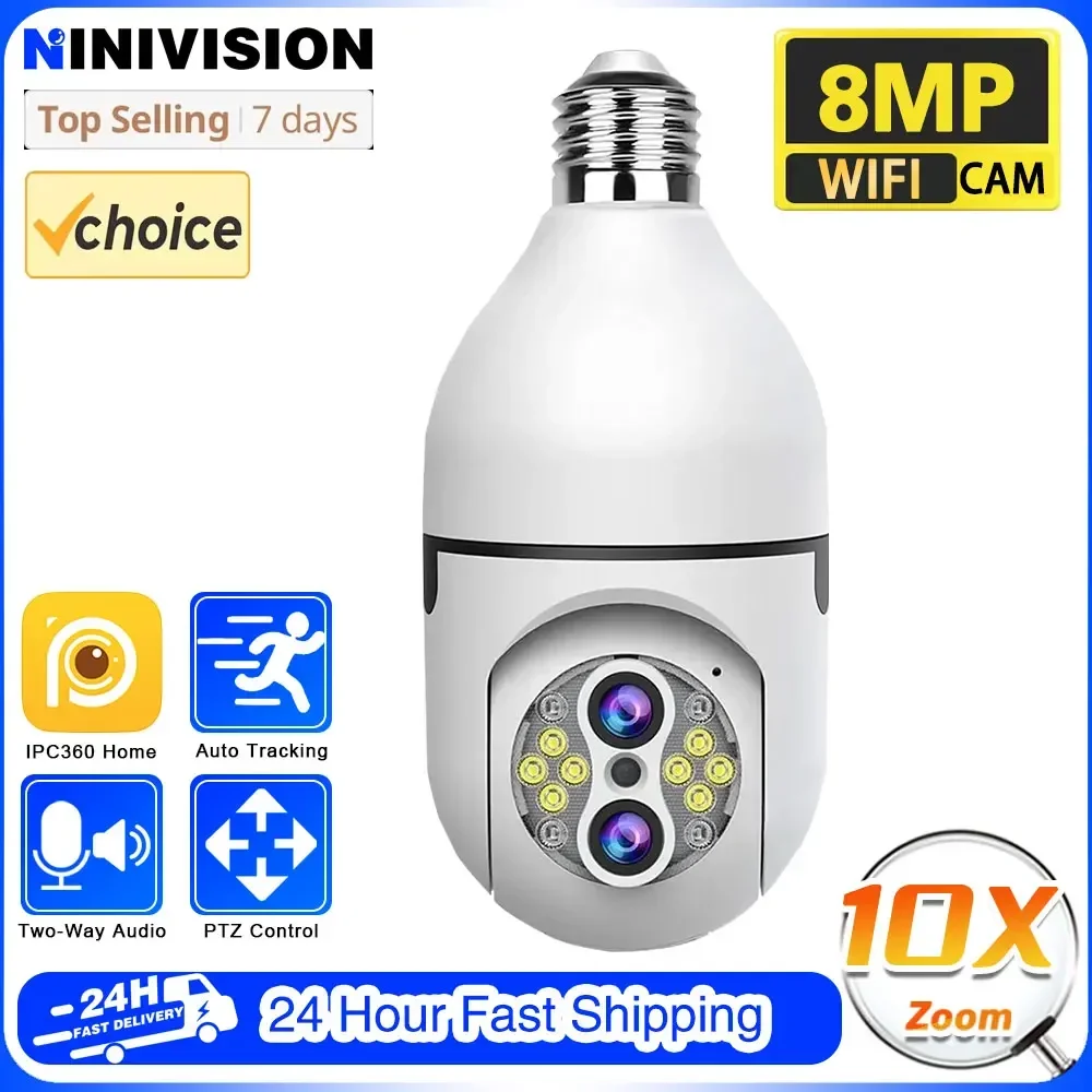 

10X Zoom E27 Bulb Camera 8MP 4K WiFi Baby Monitor Dual Lens Auto Tracking Indoor Video Surveillance Home Security Floodlight