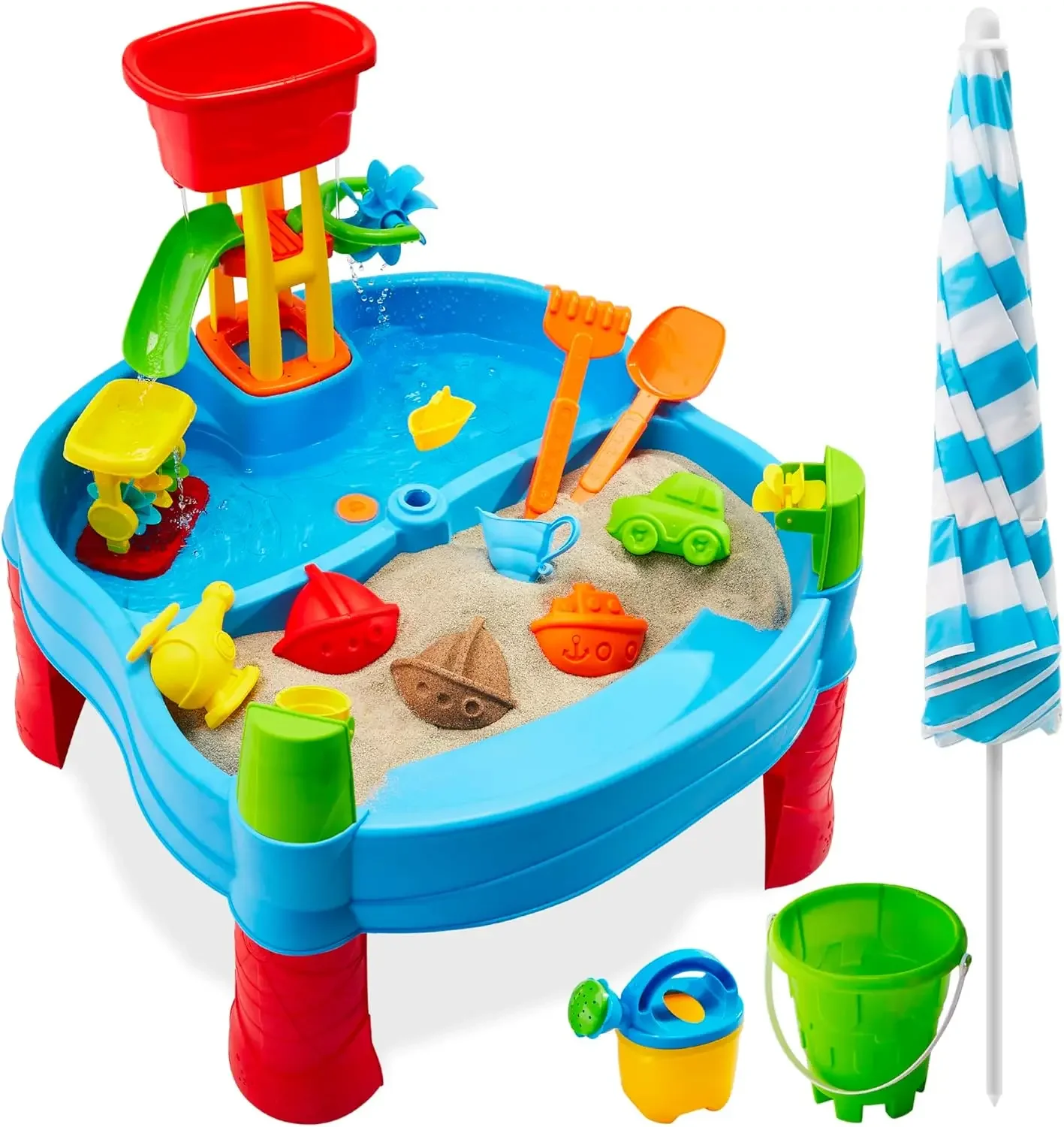 Kinderzand En Water Outdoor Activiteitstafel, Childs 2-In-1 Speelset Met 18 Accessoires, Verstelbare Paraplu, 120 Capaciteit