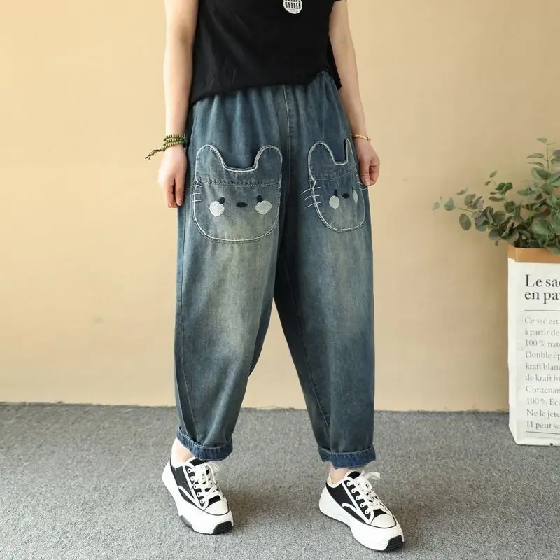 

2026 Summer Women's Embroidered Denim Pants Patchwork Loose Fit Slimming Ankle Length Baggy Jeans Harlan Trousers