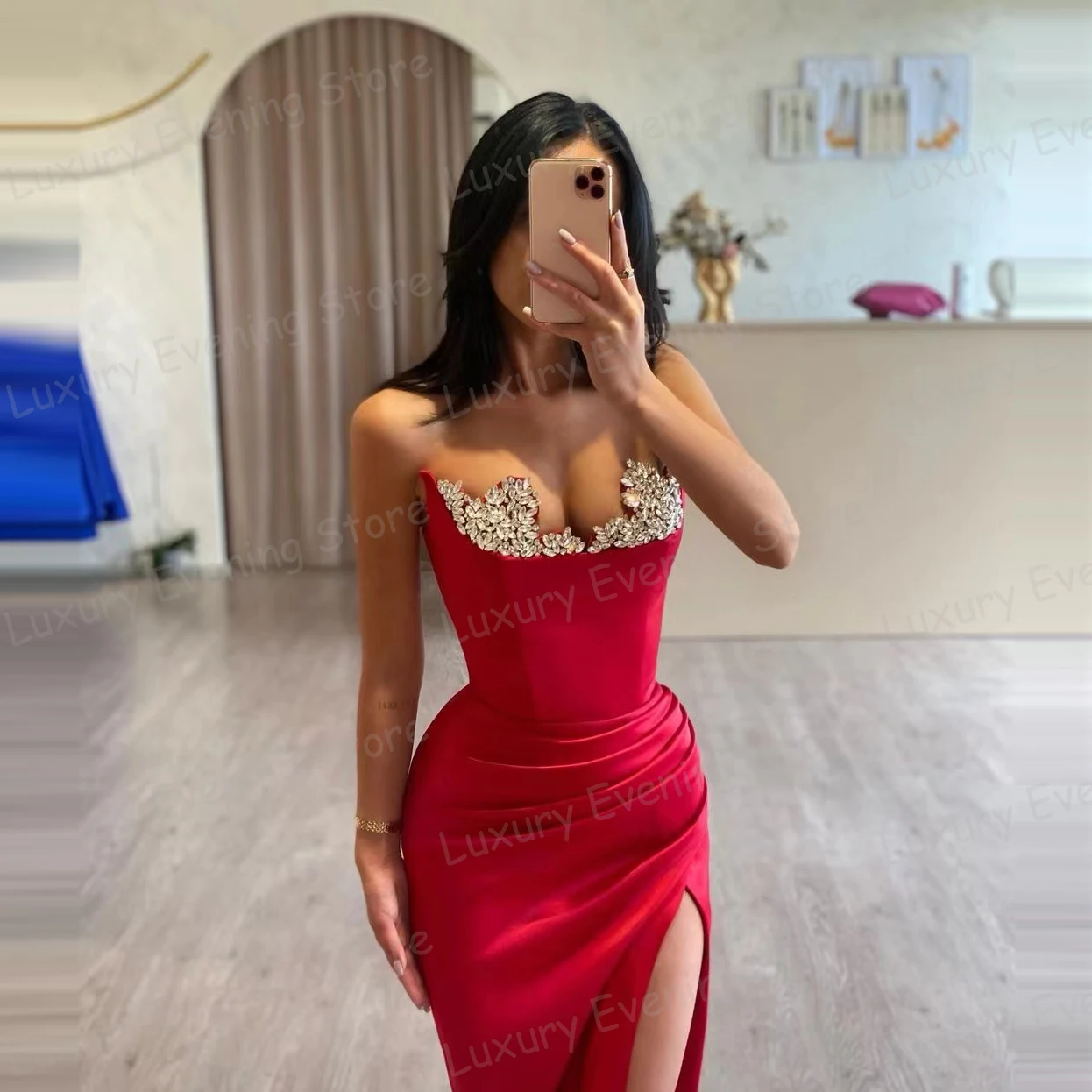 Fashionable Sparkle Red Evening Dresses Mermaid Sexy Sequined Sweetheart Women\'s Prom Gowns Sleeveless High Split Party Vestidos