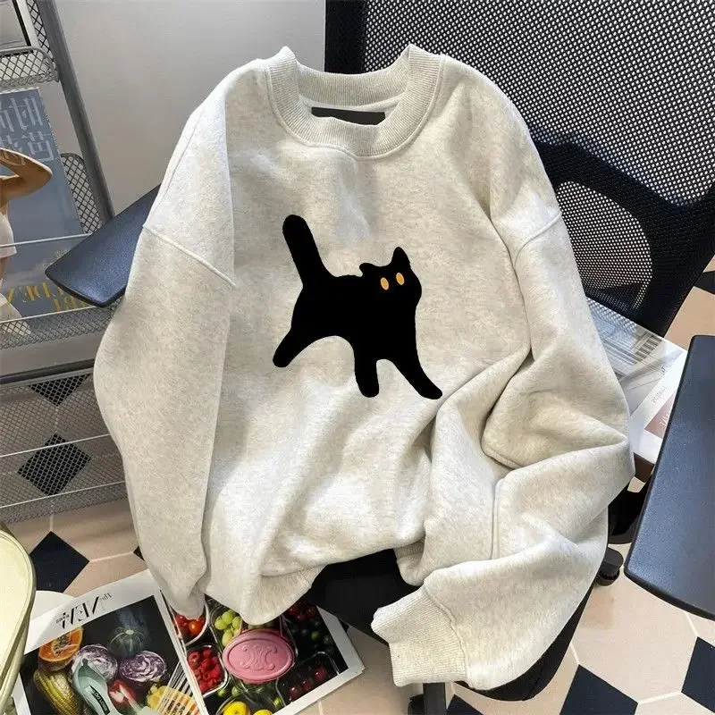 

American Retro Round Neck Grey Sweater WomenNew Loose Versatile Autumn/Winter Plush Plus Large Lazy Style Small Long Sleeve Top