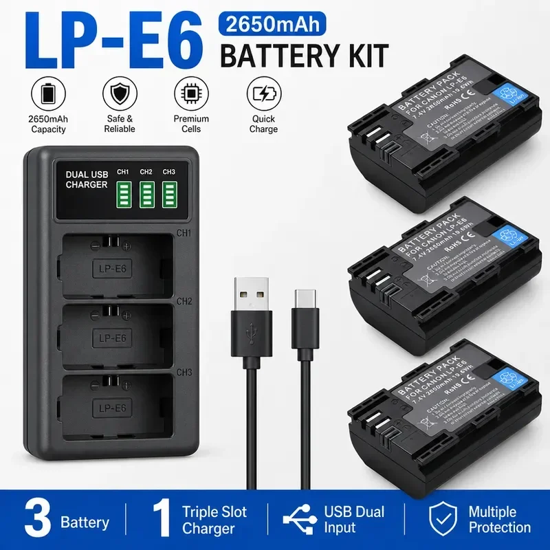 [NEW]   7.4V 2650mAh LP-E6 LPE6 Rechargeable Replacement Battery for Canon 5D4 5D2 70D 80D 90D 5D3 6D 6D2 60D High Quality