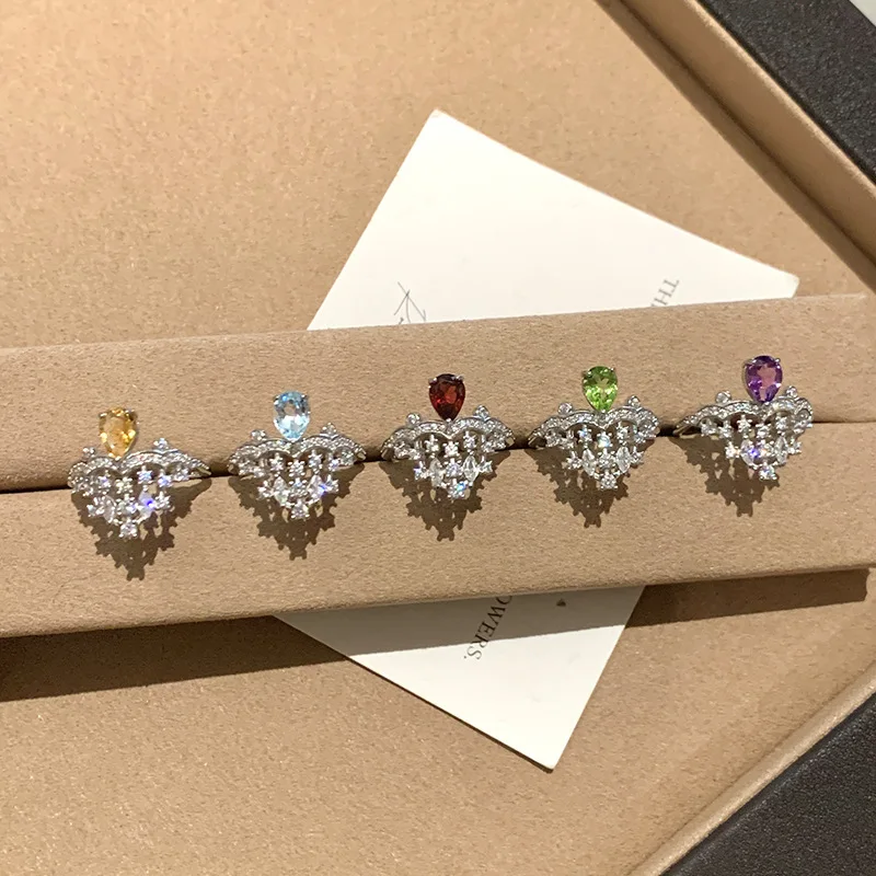 

925 Sterling Silver Resizable Size Ring for Women Crown Shape Gorgous Natural Gemstone Topaz Citrine Garnet Amethyst Peridot
