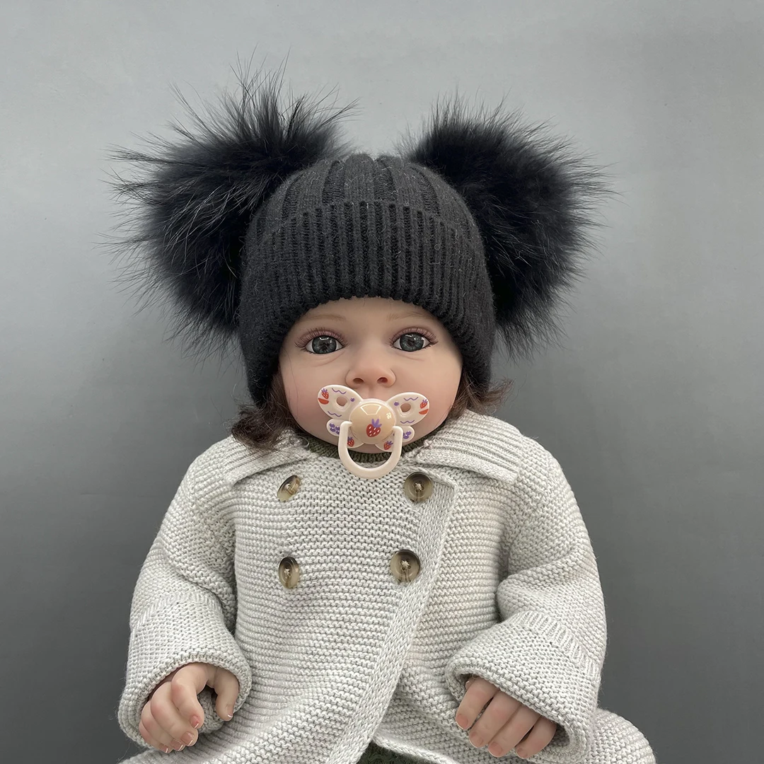 MISSJANEFUR-Fur Beanie Hat for Children, Soft Angora, Knitted Fur, Pom Pom Hats, Cute Kids Baby Winter Warm, Outdoor Infant Caps