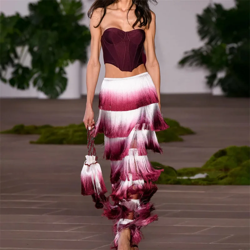 

Women's two pieces set New layered tassel decorative women's half skirt for autumn 2025 High waisted slim fit long skirt corset
