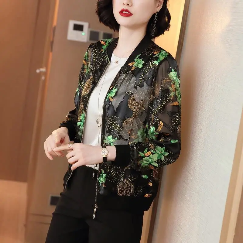 Fashion O-Neck Zipper All-match Printed Chiffon Shirt Women\'s Clothing 2022 Autumn New Oversized Casual Tops Loose Korean Blouse