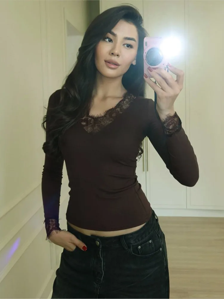 

New Autumn Winter Sexy Women Lace Trim Patchwork Long Sleeve Slim Fit T Shirt, Chic V Neck Basic Shirts, Y2k Hot Girls Crop Tops