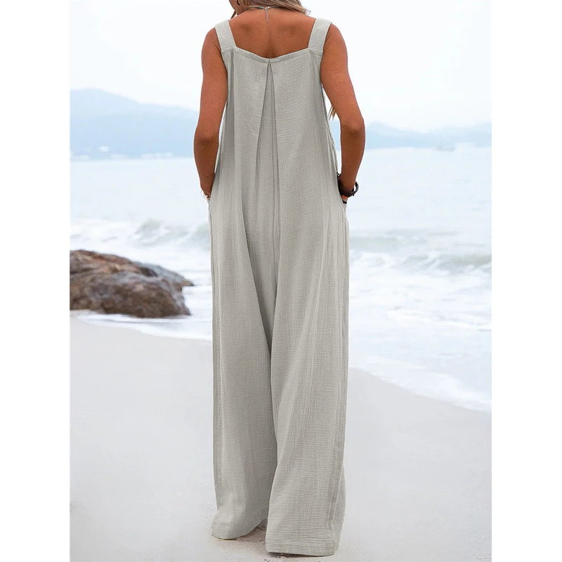 2023 Summer Vintage Holiday Beach Sleeveless Button Strap Wide Leg Overalls Jumpsuit Casual Solid Loose Pockets Rompers Outfits