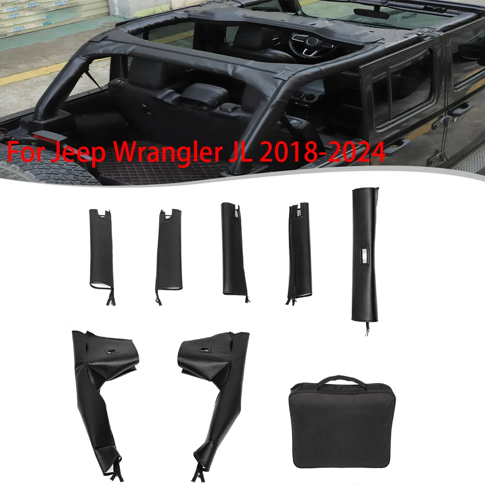 MX 8pcs Roll Bar Cover Padding for Jeep Wrangler JL Unlimited 2018-2024 JLU Sahara Rubicon 4-Door with Grab Bag Black Leather