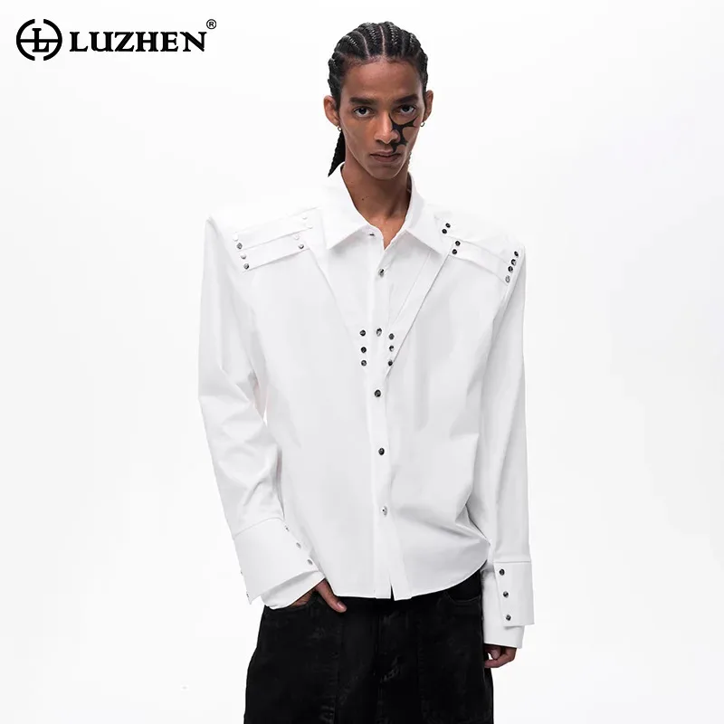 LUZHEN 2026 Spring Rivet Metal Decorate Patchwork Design Long Sleeve Shirt Men's Fashion Handsome Solid Color Casual Tops JY6326
