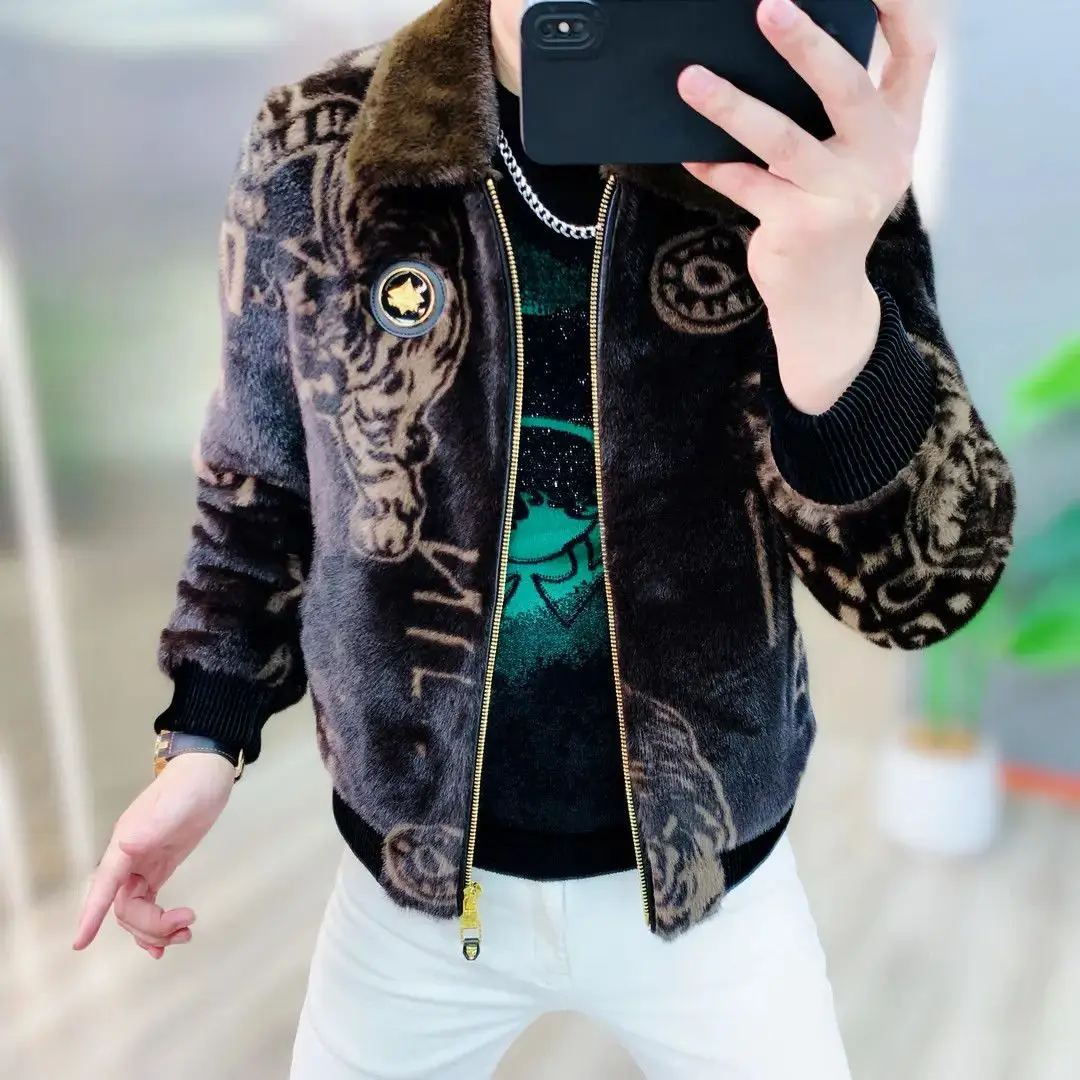 

Thiened Winter New Men's Faionable Coat Warmth Collar Turn-down Lapel Men's PU Leather Jaet Golden Eagle Pattern