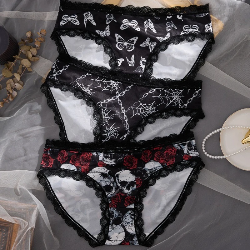 Dámské kalhotky Sexy krajkové spodní prádlo Gotický styl spodní prádlo Rose Skull personalizované pohodlné prodyšné trojúhelníkové kalhotky - náhled 4