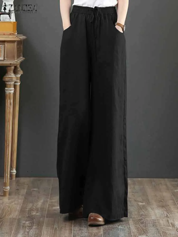 2025 ZANZEA الخريف السراويل النساء بنطال ذو قصة أرجل واسعة أنيق عالية الخصر الصلبة طويلة بنطلونات بالازو الإناث OL العمل بانت المعتاد #1