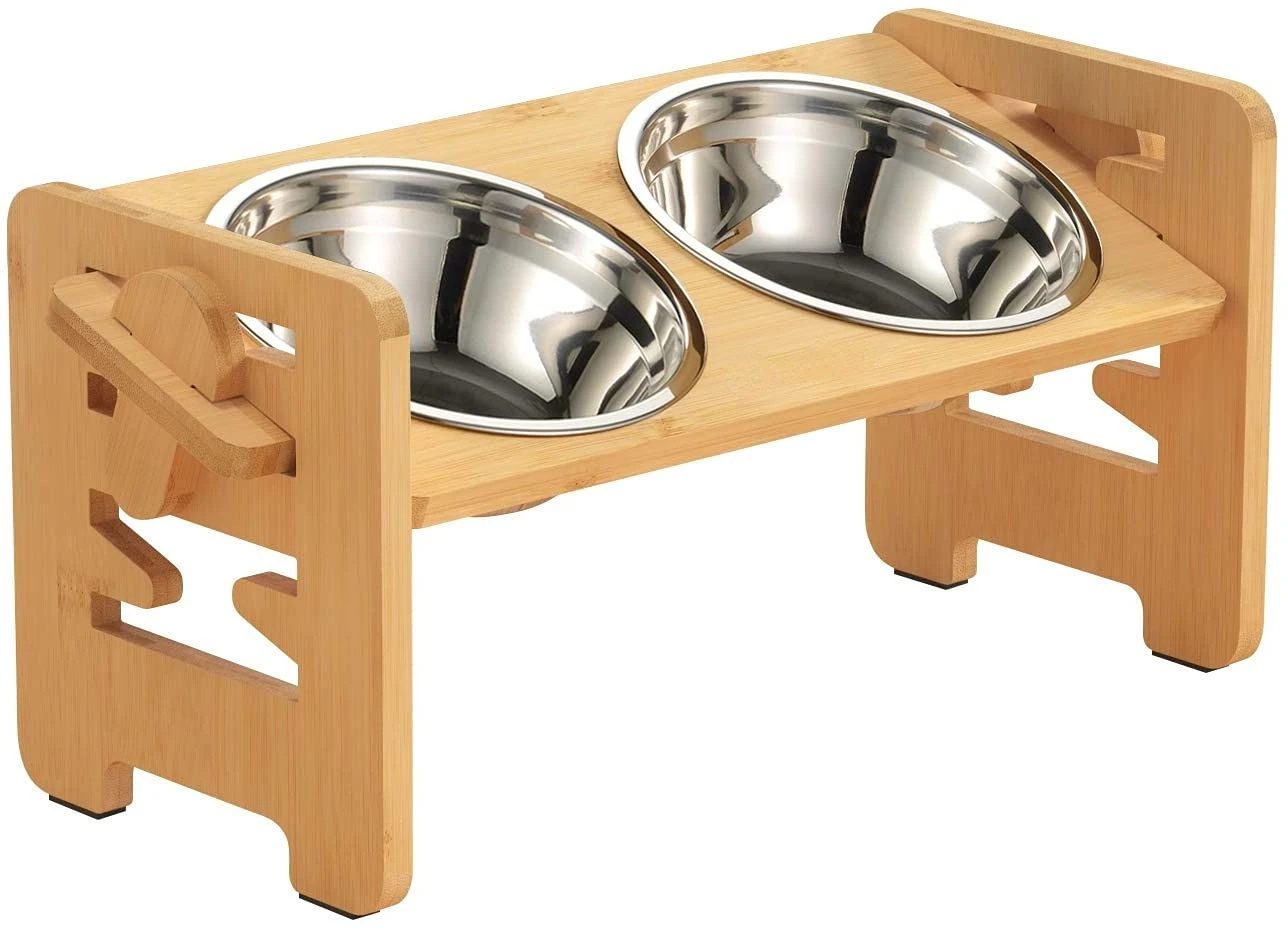 Elevated Cat Bowls-Adjustable Raised Dog Bowls with Stand for Small Size Dogs and Cats,Durable Bamboo puppy and cat Feeder