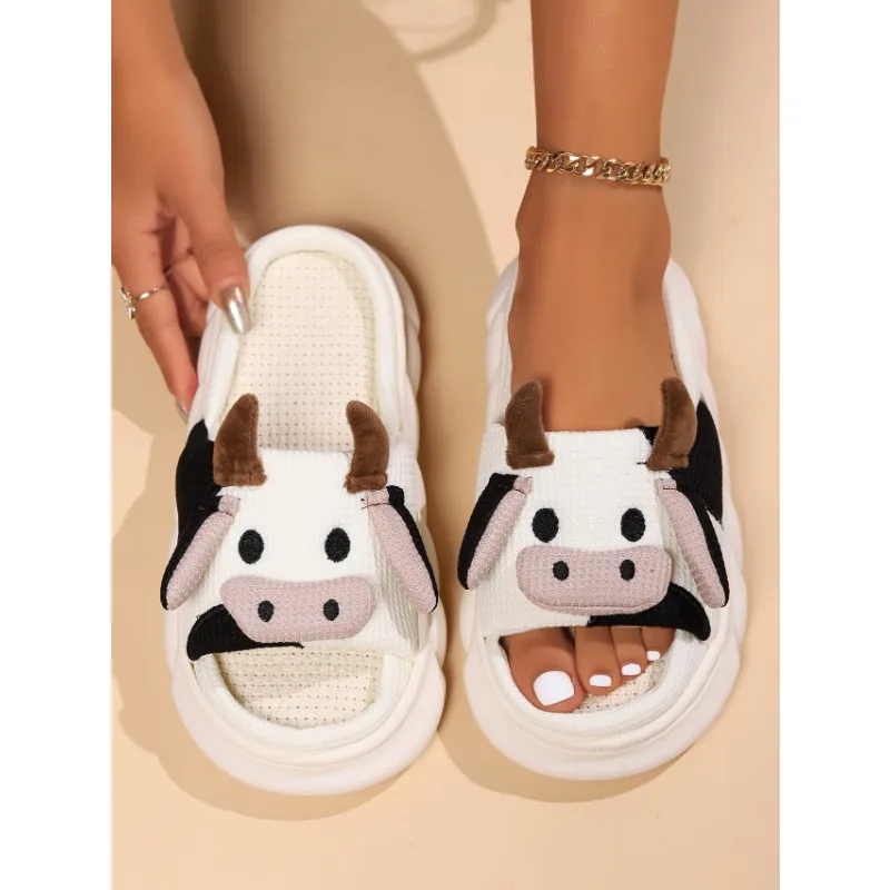 Four Seasons Universal Indoor Home Cotton Linen Sandals Cute Cartoon Cow Linen Slippers Non-slip