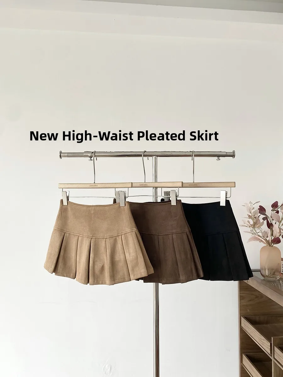 High Waist  Pleated Skirt Women's Khaki Color Anti-Light A-Line Skirt Korean Style Versatile Short Skirt for Autumn