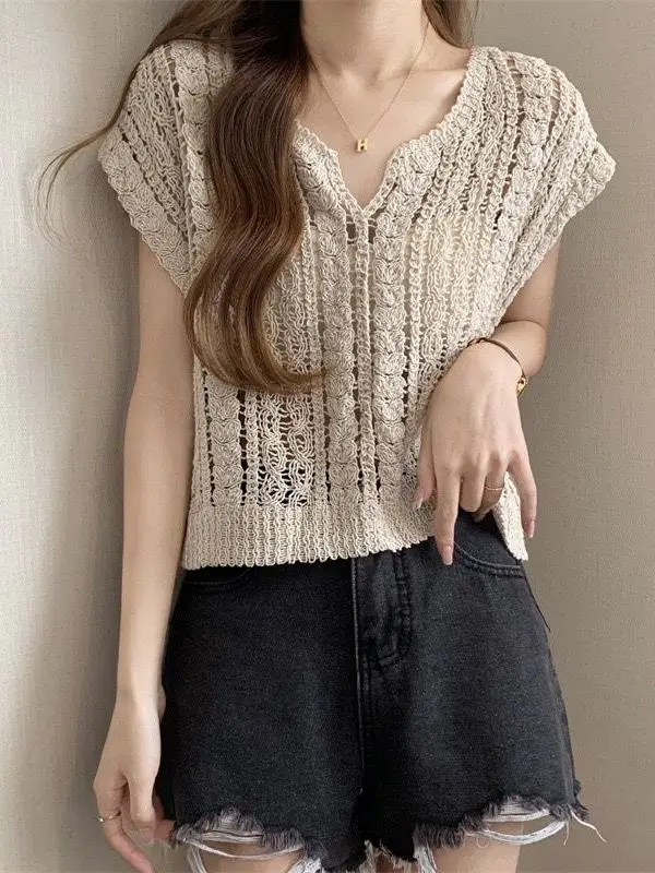

Hollow out Knitted Vest Summer New Sle Trend Design Svel V-ne Women's Top Cotton ort Sve Sweet Korean Sle