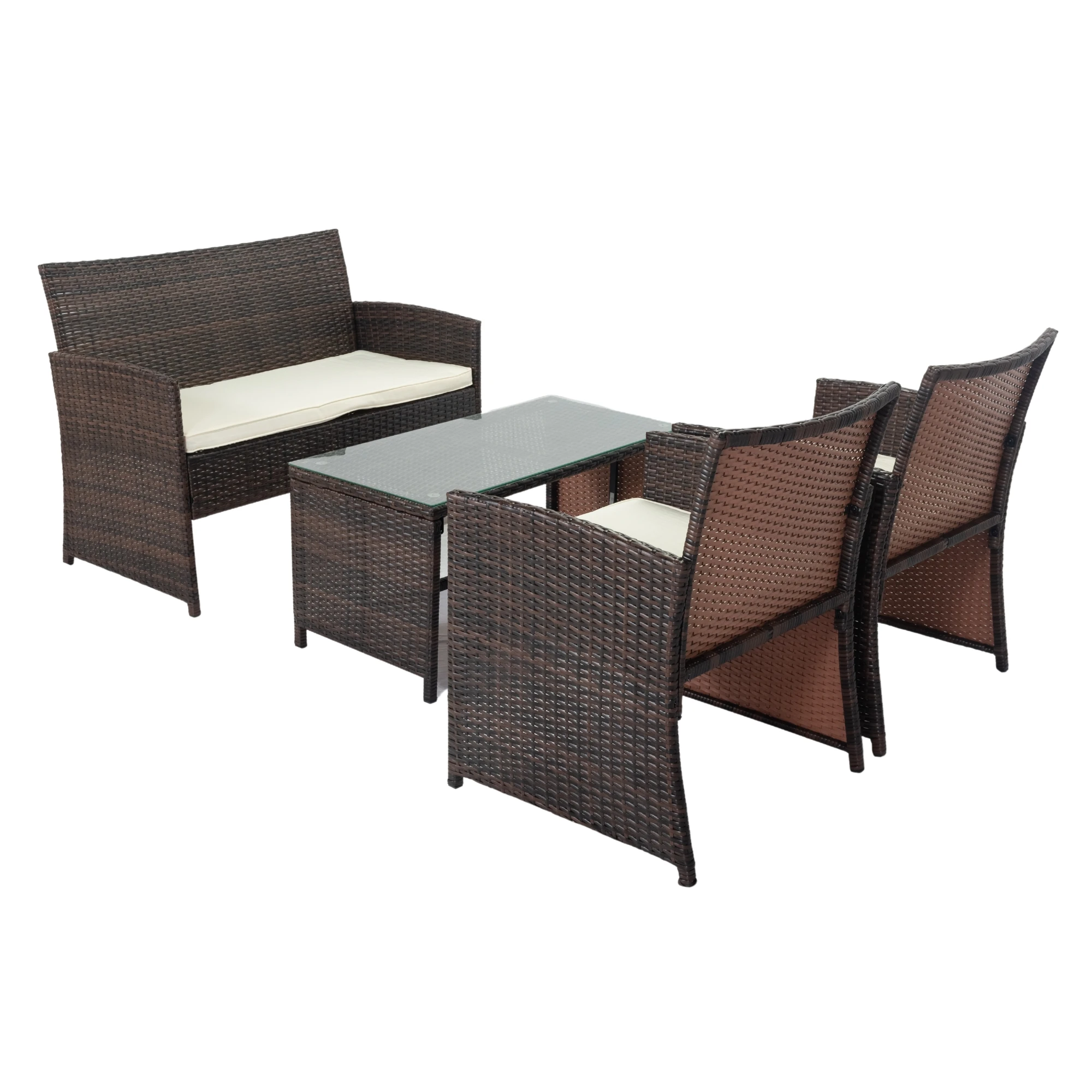 4 PCS Wicker Terrasse Gespräch Set, Outdoor Rattan Sofas mit Tisch Set, terrasse Möbel Set mit Weichen Kissen & Kaffee Tisch